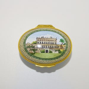Halcyon Days Enamel box with Cliveden House Estate in Buckinghamshire design Damaged