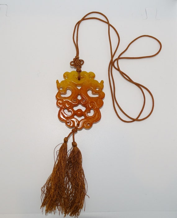 Carved Jade Double Dragon Pendant – Chinese Amulet Talisman with Tassels