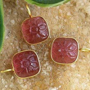 Pink Tourmaline Cushion Pendant, Silver Bezel Charms, Tourmaline Charm, Flower Carving Charm, Gold Vermeil Cushion Pendant Selling Per Piece