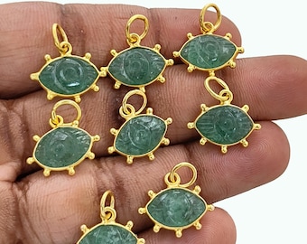 Green Strawberry Quartz Pendant/Carved Marquise Pendant/Evil Eye Charm Pendant/Gold Plated Fancy Bezel Charm/Jewelry Making/Sell Per Piece