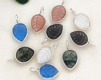 Carved Leaf Gemstone Pendant, Silver Bezel Leaf Charm, Natural Stone Connector, Jewelry Making Supply, DIY Necklace Pendants