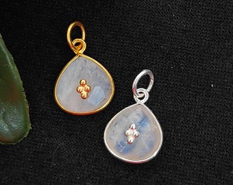 Rainbow Moonstone Heart Pendant, Sterling Silver Bezel Charm, Clover Accent Connector, DIY Necklace Jewelry Findings