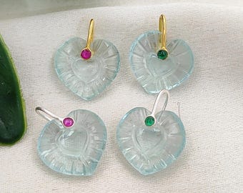 Snittat hjärthänge i aquakvarts, sterlingsilverberlock med nypfäste, hantverksmässig ädelstenberlock, smyckestillverkning