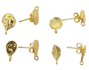 May include: Gold-coloured stud earrings in various organic shapes. Designs include a leaf, a textured oval, and a textured circle. Each earring has a post and a small loop for attaching charms or other elements.
