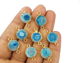 Ocean Blue Solar Quartz Gold Electroplated Connector, 13-14mm Round Solar Druzy Connector, Jewelry Making Connector