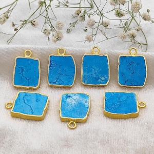 Raw Turquoise Rectangle Pendant/Blue Gemstone Pendant/Gold Electroplated Edge With Loop/For Jewelry Making/DIY Boho Charms/Sell Individually