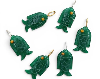 Carved Gemstone Fish Charm, Green Onyx Fish Pendant, Sterling Silver Bail, DIY Jewelry Making Supplies
