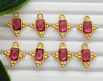 Rubellitkvarts-kopplingshänge, förgylld ädelstensberlock, fasetterad rektangulär stenlänk, smyckestillverkningstillbehör