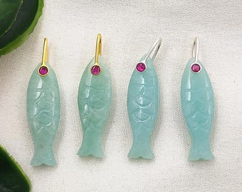 Amazonitfisk snidad hänge, sterlingsilverberlock med nypfäste, handskuren ädelstensfisk, hantverksmässigt hänge för halsband, smyckestillverkning