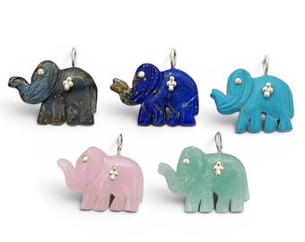 Hand Carved Elephant Gemstone Pendant, Natural Crystal Animal Charm, 925 Sterling Silver Bail, Jewelry Making Supply