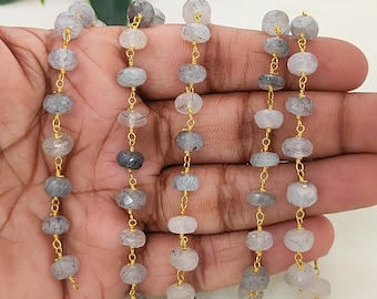 Black Rutile Quartz Gemstone Rosary Chain, Wire Wrapped Rounded Quartz Bead Chain, Link Chain, Jewelry Making Supply, DIY Necklace Chain