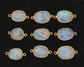 Regnbågsmånsten Guldbezel-koppling, Blå eldlänk-berlock, Ojämn ädelstenskoppling, DIY-smycken