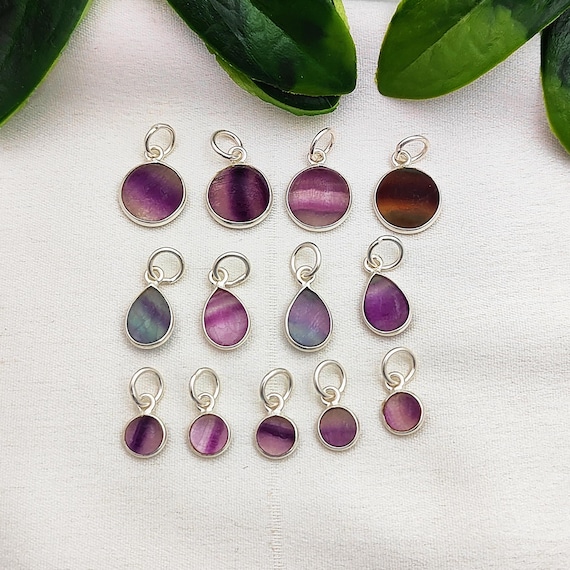 Fluorite Gemstone Charm/Multi Fluorite Pendant/Sterling Silver Pendant/Dull Finish Fluorite Pendant/Round Teardrop Bezel Pendant/Sell Per Pc