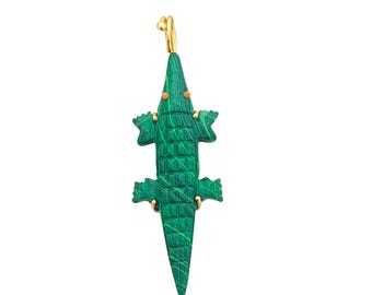 Carved Malachite Crocodile Pendant, Hand Carved Green Gemstone Alligator Charm, Gold Plated Statement Pendant