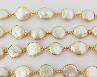 Freshwater Pearl Gold Plated Bezel Chain, Handmade Connector Link For Jewelry Making