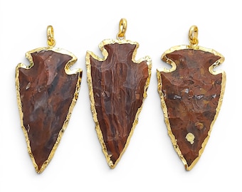 Arrowhead Jasper Pendant, Gold Electroplated Arrowhead Necklace Pendants, Natural Stone Arrowhead Charm, Tribal Jewelry Making Supply