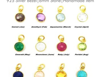 Tiny Birthstone Round Bezel Charms, Birthstone Bezel Charms, 6mm Round Charms, 925 Silver Gold Vermeil Bezel Pendants, Jewelry Making Charms