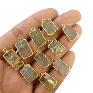 Golden Rutile Freeform Slice Charm, Gold Electroplated Pendant, Gemstone Pendant.