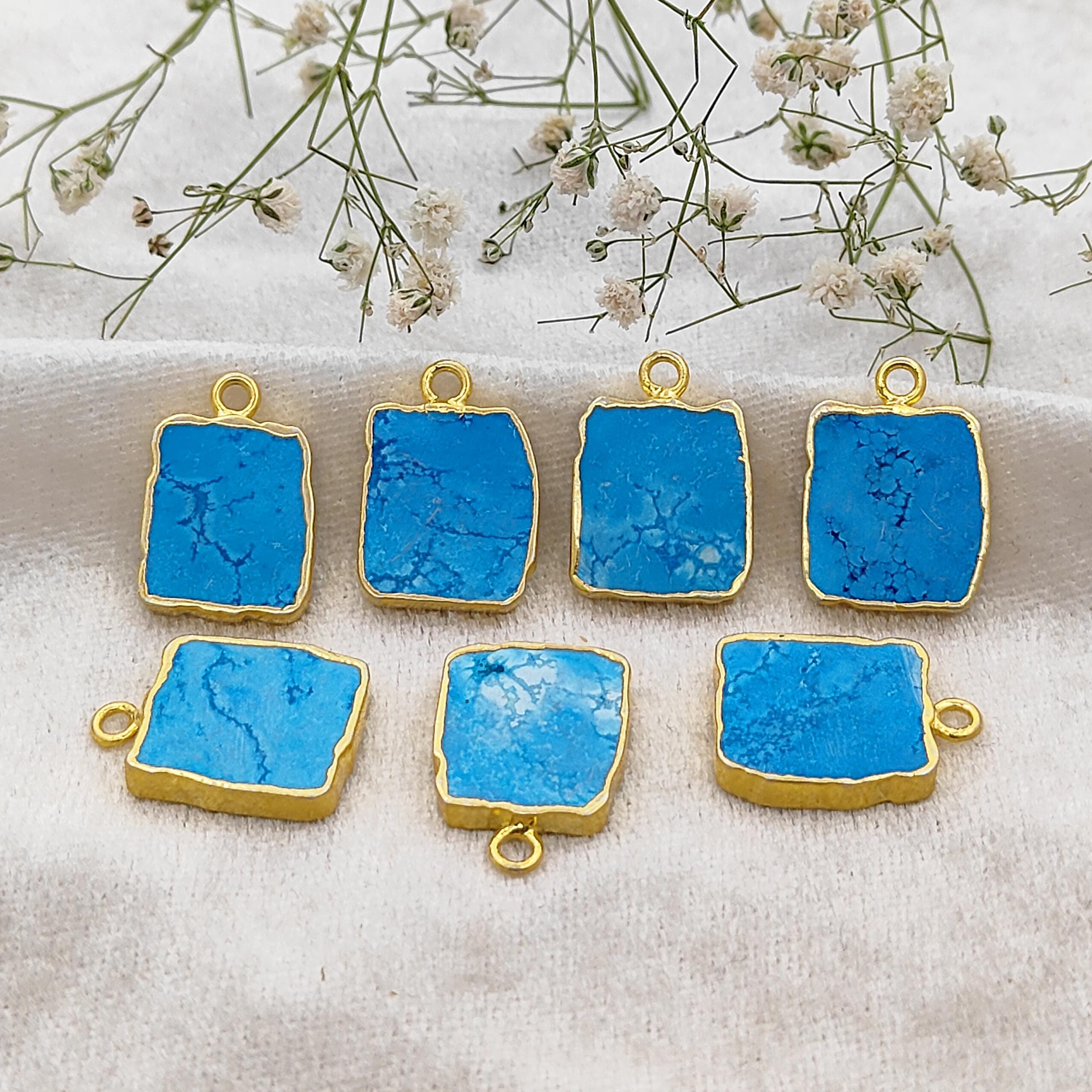 Raw Turquoise Rectangle Pendant/Blue Gemstone Pendant/Gold Electroplated Edge With Loop/For Jewelry Making/DIY Boho Charms/Sell Individually