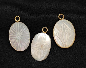 Mother Of Pearl Carved Pendant, White MOP Gemstone Pendant, Floral Carving Jewelry Making, Bead Necklace Supply