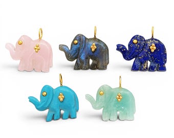 Carved Gemstone Elephant Pendant, Sterling Silver Bail Charm, Lucky Elephant Jewelry Making Supply, DIY Necklace