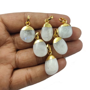 Rainbow Moonstone Large Smooth Gemstone Tumble Pendant, Gold Electroplated Pendant, June Birthstone Pendant.