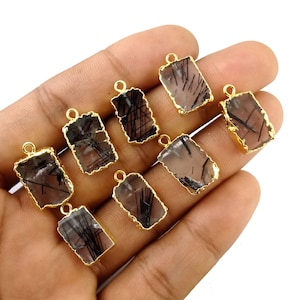 Black Rutile Freeform Slice Charm, Gold Electroplated Pendant, Gemstone Pendant.