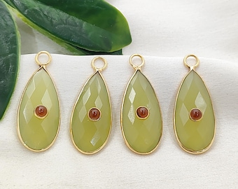 Chryso Chalcedony Granat Droppehänge, Guldbezel Ädelsten Berlock, Dubbel Stenhänge, Smyckestillverkning