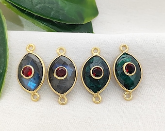 Gemstone Evil Eye Connector/Faceted Marquise Double Stone Pendant/Marquise Double Loop Charm/Gold Plated Bezel Set Connector/Sell Per Piece