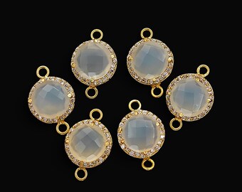 White Chalcedony Connector, Gold Plated Cz Pave Gemstone Link, Round Faceted Chalcedony Charm, Jewelry Making Supplies