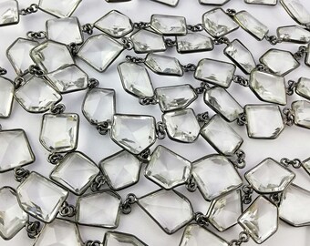 Crystal Quartz Oxidized Bezel Chain, Clear Quartz  Bezel Link Chain, Black Oxidized Connector Link Jewelry Making Chain, Bezel Chain