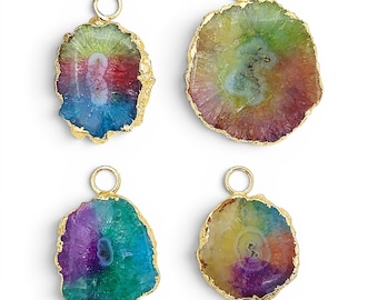 Solar Quartz Druzy Slice Pendant, Gold Electroplated Rainbow Druzy Slice Charm, Pendant for Necklace, DIY Jewelry Findings