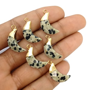 Dalmatian Jasper Faceted Gemstone Half Moon Gold Electroplated Pendant,Genuine Gemstone Pendant,Crescent Electroplated Pendant