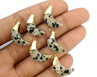 Dalmatian Jasper Faceted Gemstone Half Moon Gold Electroplated Pendant,Genuine Gemstone Pendant,Crescent Electroplated Pendant