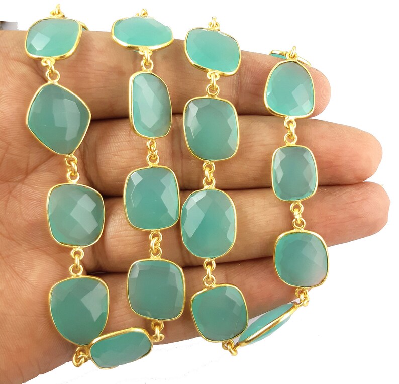 1 Feet Aqua Chalcedony Bezel Chain I Handmade Bezel Link Chain I Gold Plated Bezel Link Chain I Brass Gold Overlay Chain