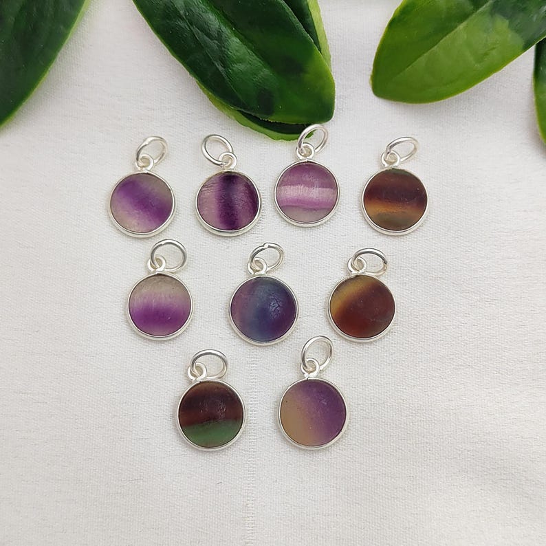 Fluorite Gemstone Charm/Multi Fluorite Pendant/Sterling Silver Pendant/Dull Finish Fluorite Pendant/Round Teardrop Bezel Pendant/Sell Per Pc