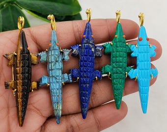 Crocodile Carved Gemstone Pendant,  Animal Charm Necklace, Hand-Carved Jewelry