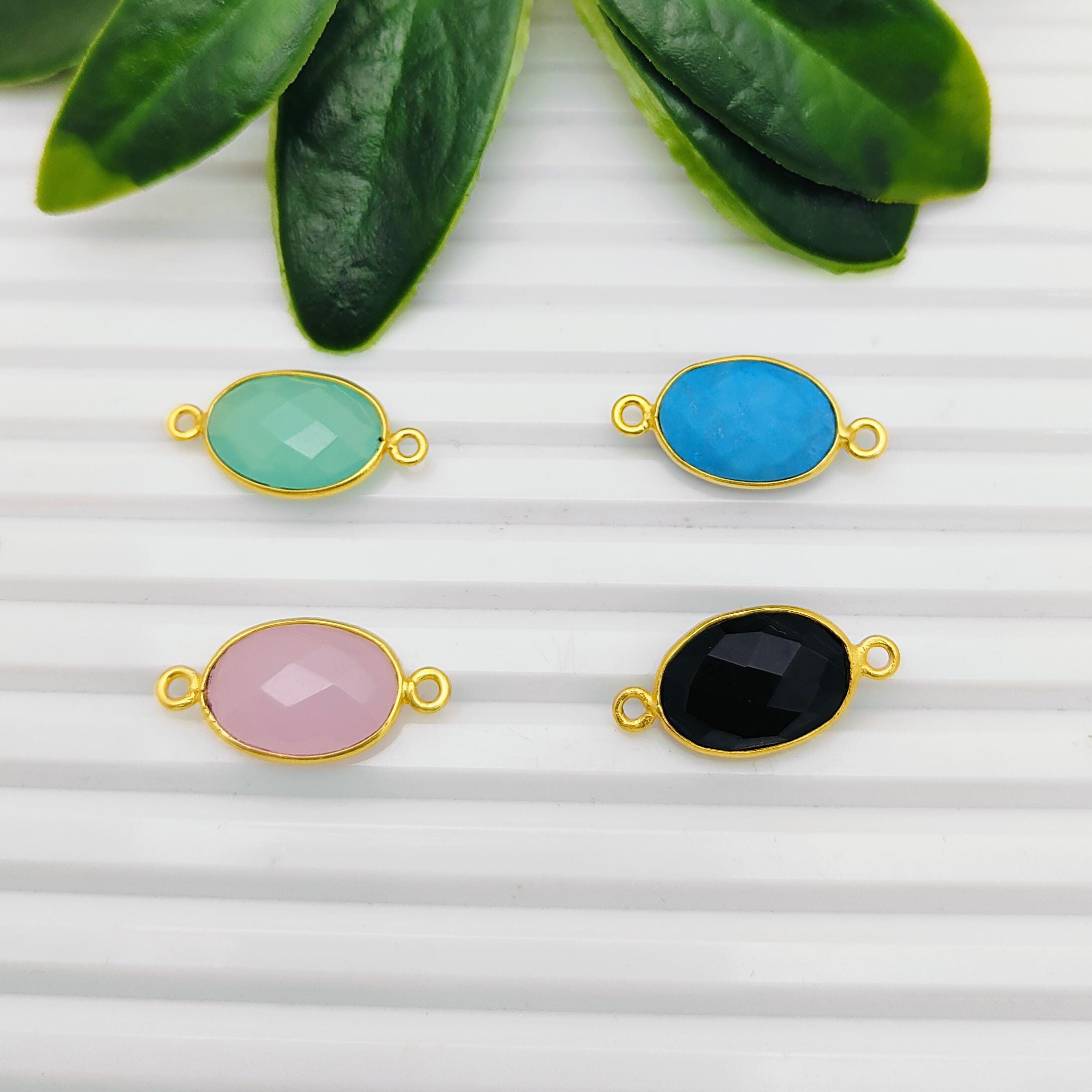 Gemstone Link Connector/Chalcedony Bezel Connector/Oval Double Loop Connector/Faceted Turquoise Charm/Gold Plated DIY Connector/Sell Per Pcs