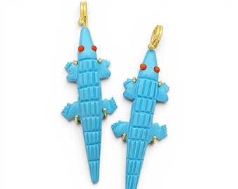 Hand Carved Turquoise Crocodile Pendant, Gold Plated Prong Ocean Pendant, Animal Totem Charm, Jewelry Making