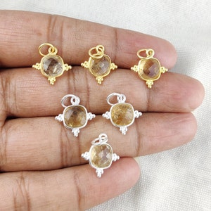 Citrine Fancy Bezel Cushion Pendant Charms, November Birthstone Fancy Charms, Fancy Bezel Pendants, Necklace Pendant, Silver Bezel Pendant