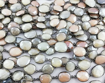 Mystic Multi Moonstone Chain, Mystic Multi Moonstone Bezel Link Connector Chain, Oxidize Bezel Chain, Moonstone Chain, Selling Per 1 Foot