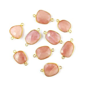 Pink Opal Bezel Double Loop Connectors, 5 Piece 18K Gold Plated Uneven Bezel Link Connector, Bezel Link Gemstone Connectors, Link Charm