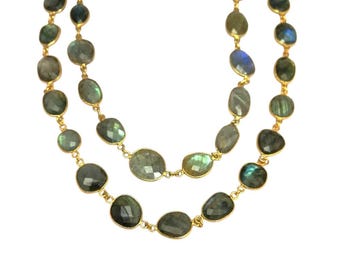 Labradorite Bezel Chain Flashy Blue Labradorite 18K Gold Plated Bezel Link Connector Chain I Handmade Labradorite Brass Bezel Link Chain