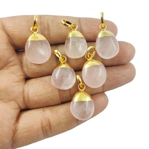 Rose Quartz Large Smooth Gemstone Tumble Pendant, Gold Electroplated Pendant, October Birthstone Pendant.