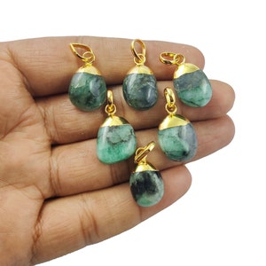 Emerald Large Smooth Gemstone Tumble Pendant, Gold Electroplated Pendant, May Birthstone Pendant.