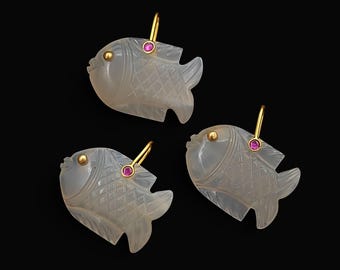 Carved White Moonstone Fish Pendant, Gemstone Fish Charm Accent Pinch Bail, Sterling Silver Totem Pendant