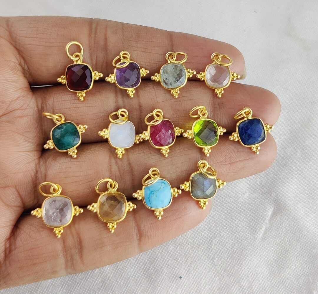 Dainty Gemstone Fancy Cushion Bezel Pendant, 925 Sterling Silver Gold Plated 8mm Cushion Charm