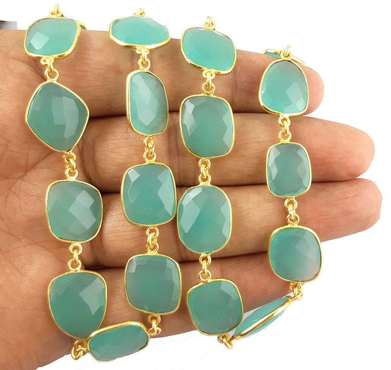 1 Feet Aqua Chalcedony Bezel Chain I Handmade Bezel Link Chain I Gold Plated Bezel Link Chain I Brass Gold Overlay Chain