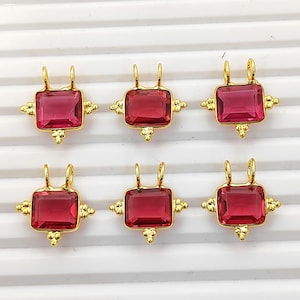 Faceted Rubelite Quartz Rectangle Charm, Fancy Bezel Link Connectors, Gold Plated DIY Jewelry Findings