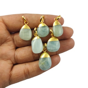 Aquamarine Large Smooth Gemstone Tumble Pendant, Gold Electroplated Pendant, March Birthstone Pendant.